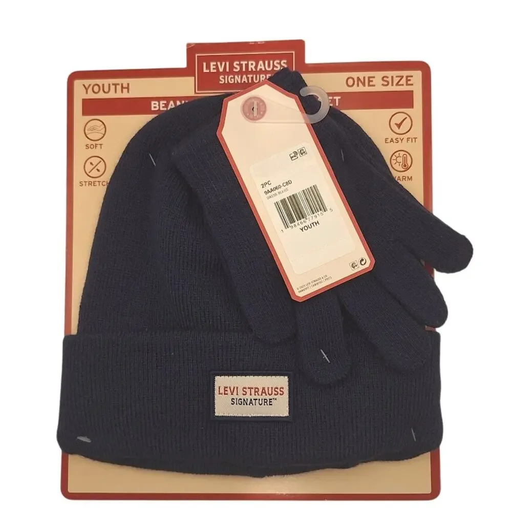 Levi Strauss Kids Beanie & Gloves Set Dress Blues Blue One Size Warm NEW